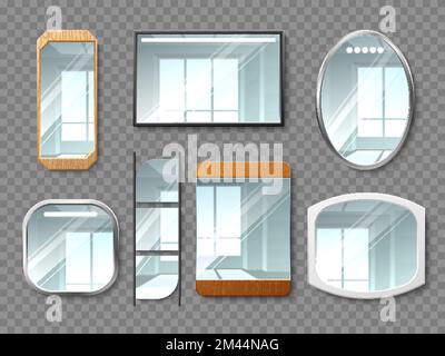 Realistic mirrors. Different shapes isolated reflective glossy glasses in metal and wooden frames, wall mounted interior hanging objects, 3d elements Stock Vector