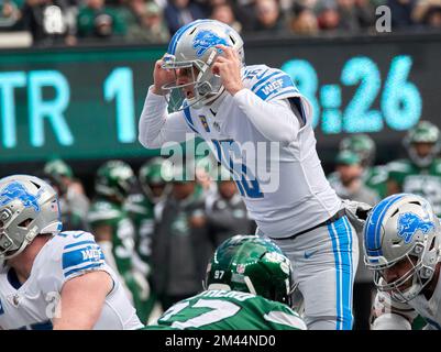 East Rutherford, NJ. 18/12/2022, Detroit Lions quarterback Jared Goff (16)  looks to pass during a NFL game against the New York Jets on Sunday, Dec. 18,  2022. Duncan Williams/CSM Stock Photo - Alamy