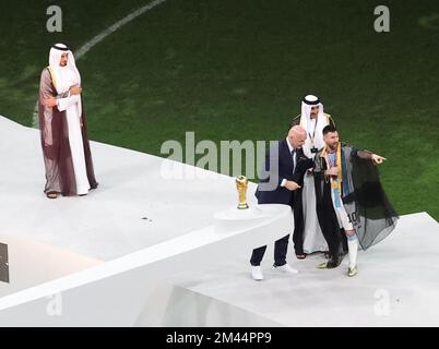 Lusail Stadium, Qatar. 18/12/2022, Football World CUP QATAR 2022: FINALS: Argentina Vs France  at Lusail Stadium, Qatar. Argentina -3 France 3, Argentina won by 4-2 on Penalties. Argentina won the World Cup. Messi 2 goals, Di Mariya one & Mbappe all 3 Patrick Goals. FIFA world cup 2022 Adidas Golden Ball Award- Lionel Messi Adidas Golden Boot Winner- Kylian Mbappe ( 8 goals & a hat-trick in the final) Adidas Golden Glove Winner- Emiliano Martinez (Argentina) FIFA 2022 Young Player Award- Enzo Fernandez (Argentina) Stock Photo