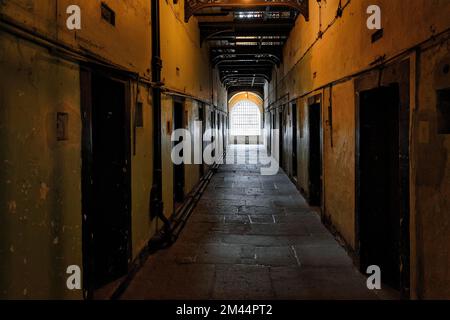 Dark Corridor, Kilmainham Gaol, former restored Victorian-era prison, museum, film set, national memorial to independence, liberation, interior Stock Photo