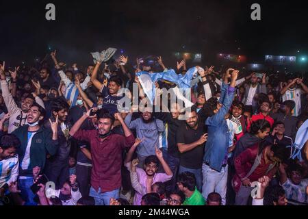 Dhaka, Bangladesh. 18th Dec, 2022. Argentina soccer fans celebrate their team's victory against France, for the finals of world cup Qatar 2022. Final Score: Argentina 4 - 2 France (Photo by Sazzad Hossain/SOPA Images/Sipa USA) Credit: Sipa USA/Alamy Live News Stock Photo