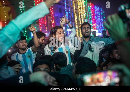 Dhaka, Bangladesh. 19th Dec, 2022. Argentina soccer fans celebrate their team's victory against France, for the finals of world cup Qatar 2022. Final Score: Argentina 4 - 2 France (Photo by Sazzad Hossain/SOPA Images/Sipa USA) Credit: Sipa USA/Alamy Live News Stock Photo