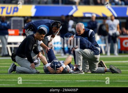 Inglewood, California, USA. 18th Dec, 2022. Tennessee Titans quarterback Ryan Tannehill (17) injures his ankle during the NFL football game against the Los Angeles Chargers in Inglewood, California. Mandatory Photo Credit : Charles Baus/CSM/Alamy Live News Stock Photo