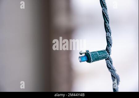 Single LED Christmas light outdoors covered with early morning frost Stock Photo