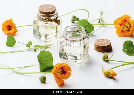 Nasturtium Oil, Tropaeolum majus flowers leaves seeds on white background Stock Photo