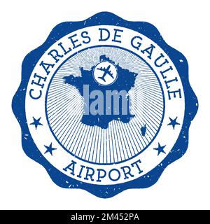 Charles de Gaulle Airport stamp. Airport of Paris round logo with location on France map marked by airplane. Vector illustration. Stock Vector