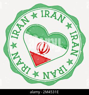 Iran heart flag logo. Country name text around Iran flag in a shape of heart. Vibrant vector illustration. Stock Vector