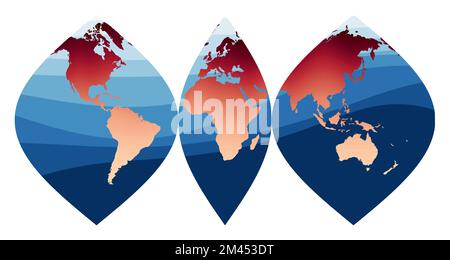 World Map Vector. Interrupted sinusoidal projection. World in red orange gradient on deep blue ocean waves. Elegant vector illustration. Stock Vector