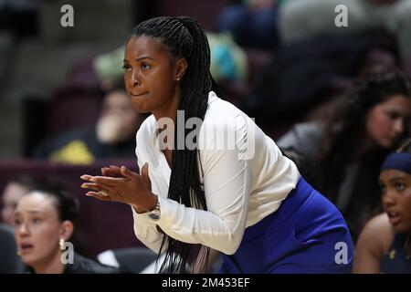 Blacksburg, Virginia, USA. 18th Dec, 2022. Notre Dame Fighting Irish head coach Niele Ivey coaching during the NCAA Women's Basketball game between the Notre Dame Fighting Irish and the Virginia Tech Hokies at Cassell Coliseum in Blacksburg, Virginia. Greg Atkins/CSM/Alamy Live News Stock Photo