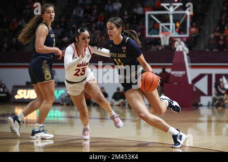 Blacksburg, Virginia, USA. 18th Dec, 2022. Notre Dame Fighting Irish guard Sonia Citron (11) drives during the NCAA Women's Basketball game between the Notre Dame Fighting Irish and the Virginia Tech Hokies at Cassell Coliseum in Blacksburg, Virginia. Greg Atkins/CSM/Alamy Live News Stock Photo