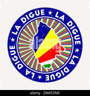 La Digue round stamp. Logo of island with flag. Vintage badge with circular text and stars, vector illustration. Stock Vector
