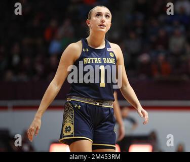 Blacksburg, Virginia, USA. 18th Dec, 2022. Notre Dame Fighting Irish guard Dara Mabrey (1) on-court during the NCAA Women's Basketball game between the Notre Dame Fighting Irish and the Virginia Tech Hokies at Cassell Coliseum in Blacksburg, Virginia. Greg Atkins/CSM/Alamy Live News Stock Photo