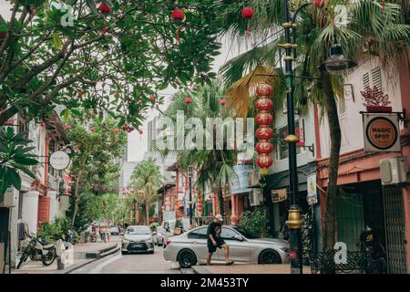 Johor Bahru, Malaysia - October 25, 2022 : Jalan Tan Hiok Nee, old cafe restaurant shopping street Stock Photo