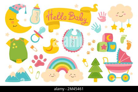 Baby newborn nursery objects cartoon set. Birthday child memory scrapbook kit. Kids symbol and icon accessory collection. Hand drawn decoration cute rainbow moon, cloud, nipple, footprint hand or feet Stock Vector
