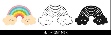 Rainbow and cloud with smiling face icon kids set. Line, silhouette cartoon symbol cute weather element baby shower collection. Graphic infographics rainbows sign. Funny childish nature weather vector Stock Vector