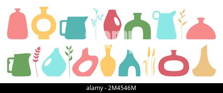 Vase shape and ceramic pot, jug or jar bottles silhouette set. Cozy home decor handmade boho pottery form and branch leaves. Antique various vases, hand drawn vessel. Trendy art vector illustration Stock Vector