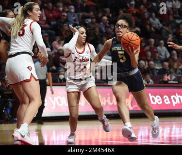 Blacksburg, Virginia, USA. 18th Dec, 2022. Notre Dame Fighting Irish guard Olivia Miles (5) drives to the basket during the NCAA Women's Basketball game between the Notre Dame Fighting Irish and the Virginia Tech Hokies at Cassell Coliseum in Blacksburg, Virginia. Greg Atkins/CSM/Alamy Live News Stock Photo