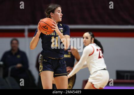 Blacksburg, Virginia, USA. 18th Dec, 2022. Notre Dame Fighting Irish guard Sonia Citron (11) looks to pass during the NCAA Women's Basketball game between the Notre Dame Fighting Irish and the Virginia Tech Hokies at Cassell Coliseum in Blacksburg, Virginia. Greg Atkins/CSM/Alamy Live News Stock Photo