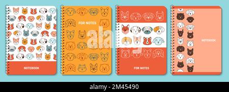 Dog faces trendy notebook cover set. Cute puppy kawaii line design for planner, brochure, book, catalog. Smiling doggy funny childish baby doodle notepad. Decorative layout page print template poster Stock Vector