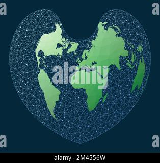 Global internet business concept. Bonne projection. Green low poly world map with network background. Classy connected globe for infographics or prese Stock Vector