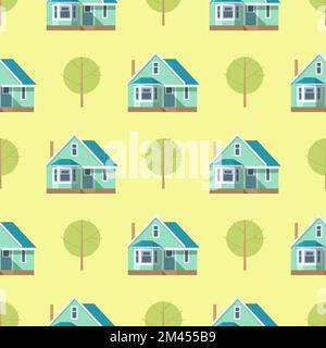 Pattern of trees and houses on a yellow background in cartoon style for print and design. Vector illustration. Stock Vector