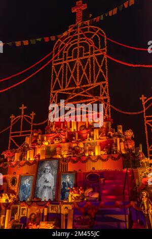 Day of the Dead offering from central Mexico with papel picado, veladoras, photography Stock Photo