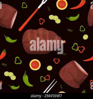 Vector seamless pattern with grilled fried meat. Piece of beef and fried pork leg with sauce, fork, chili peppers and lime slices on black background. Stock Vector