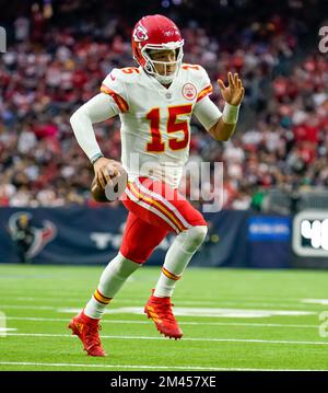 Houston, Texas, USA. 18th Dec, 2022. Kansas City Chiefs quarterback Patrick  Mahomes (15) reaches back to pass downfield during the overtime period  between the Houston Texans and the Kansas City Chiefs at