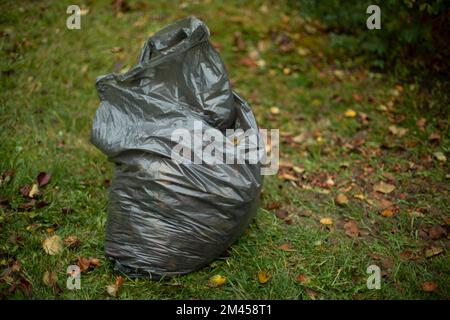 Black plastic bag with gardening waste and gloves in UK garden Stock Photo  - Alamy