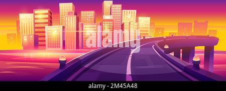 Morning cityscape with highway bridge across river. Cartoon vector illustration of golden sunrise or sunset light reflecting in glass windows of modern city skyscrapers on bank of lake or seashore Stock Vector