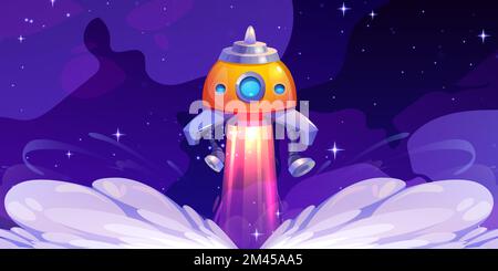 Cartoon spacecraft launch into outer space. Vector illustration of rocket or alien UFO starting from planet surface with fire trail and clouds of white smoke. Cosmic vehicle flying in dark starry sky Stock Vector