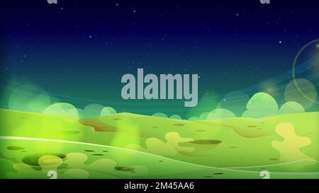 Green alien planet surface with craters and toxic smoke. Cartoon vector illustration of uninhabited ground with dangerous poisonous gas or vapor under night starry sky. Space adventure game background Stock Vector