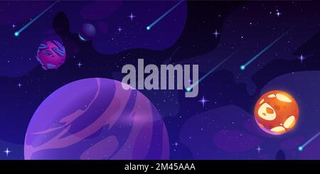 Outer space background with planets and stars. Cartoon vector illustration of cosmic objects on dark blue, meteors, asteroids, alien globes flying in starry sky. Fantasy galaxy for computer game Stock Vector