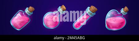 Love potion bottles set isolated on dark background. Cartoon vector illustration of different shape glass jars with pink liquid substance, hearts inside. Magic shop, witchcraft accessories. Game props Stock Vector