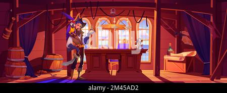 Peg-legged pirate with parrot standing in ship cabin. Vector illustration of cartoon one-eyed corsair character with golden watch in hand, pet bird on shoulder, saber on waist, treasure maps on table Stock Vector