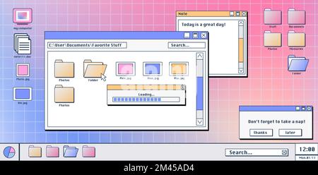 Computer screen with 90s retro software windows open on desktop. Vector illustration of folder, file, document, loading progress bar icons and pop-up notifications. Vaporwave user interface design Stock Vector