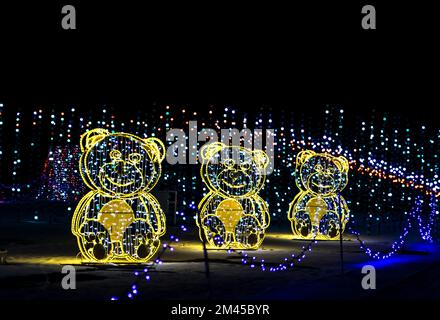 Colorful Christmas decorations LED strip lights against the night sky Stock Photo