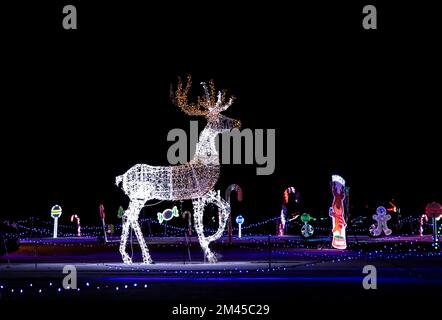 Colorful Christmas decorations LED strip lights against the night sky Stock Photo