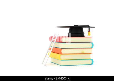 3D About Education Featuring a Ladder Resting Against a Pile of Books With a Graduation Cap on Top Stock Photo