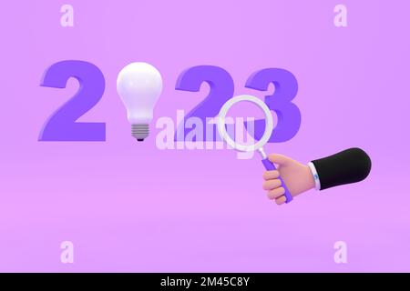3D. light bulb and magnifying glass. finding or searching ideas concept on new year. Stock Photo