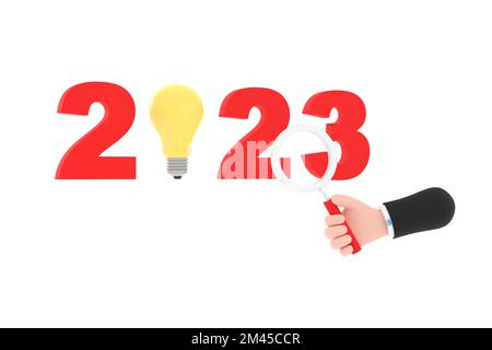 3D. light bulb and magnifying glass. finding or searching ideas concept on new year. Stock Photo