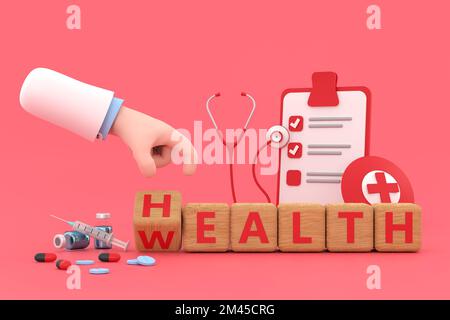 3d. Hand doctor is turning a dice and changes the word 'Health' to 'Wealth' Stock Photo