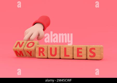 3d. Hand turns dice and changes the expression  no rule  to my rules. Stock Photo