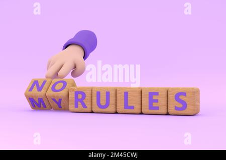 3d. Hand turns dice and changes the expression  no rule  to my rules. Stock Photo