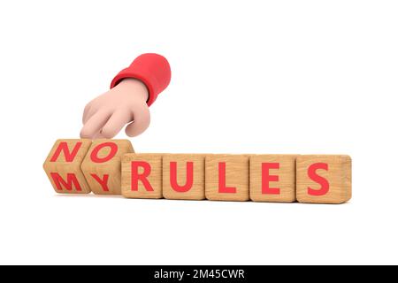 3d. Hand turns dice and changes the expression  no rule  to my rules. Stock Photo