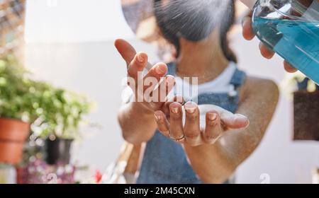 Covid, hands and sanitizer with a woman cleaning using a disinfectant spray in a small business greenhouse. Compliance, spraying or bacteria with a Stock Photo