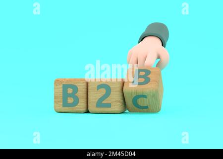 3d. Hand turns a dice and changes the expression "B2B" to "B2C" Stock Photo