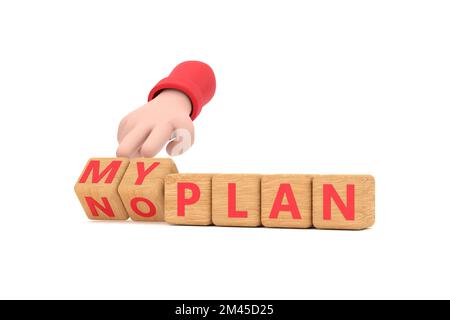 3d. Hand turns a dice and changes the expression "myplan" to "noplan" Stock Photo