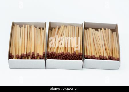 Matchstick, a match is a tool for starting a fire, matches made of small wooden sticks or stiff paper, one end is coated with a material ignited by fr Stock Photo