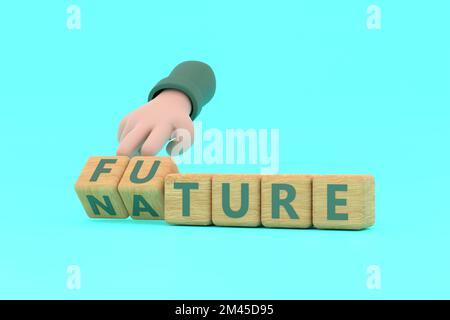 3d. Hand turns dice and changes the word "future" to "nature". Stock Photo